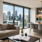 Stylish short-stay property management Melbourne scene with elegant living space, dining area, and city views.