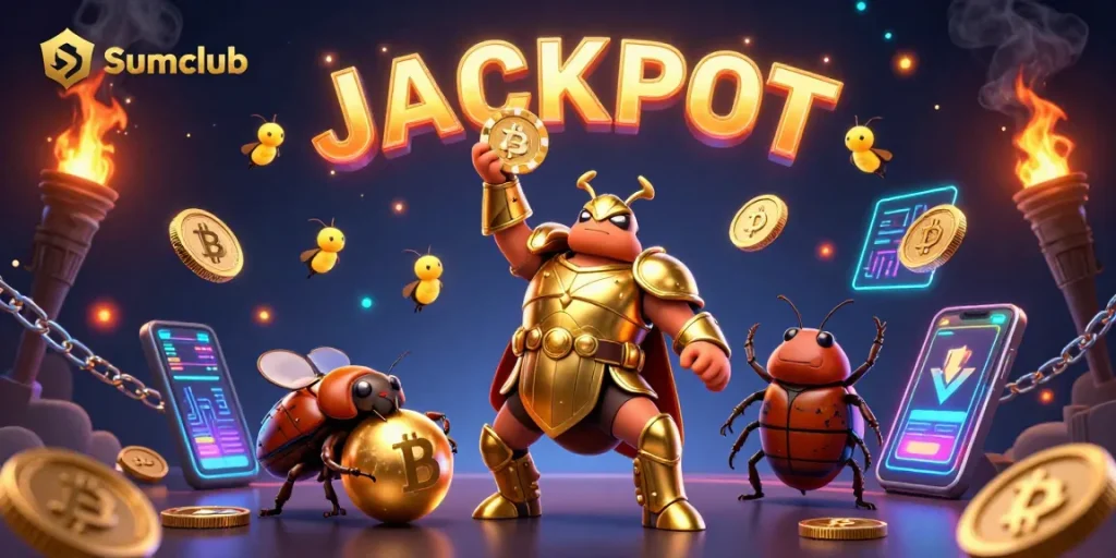 Experience excitement at Sumclub with a hercules beetle celebrating a jackpot and crypto rewards.
