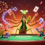 58win showcases an exciting scene of a giant praying mantis card sharp dealing cards and celebrating casino wins.