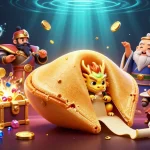 Experience captivating gaming at luck8 with a magical scene featuring a golden cookie and wise dragon.