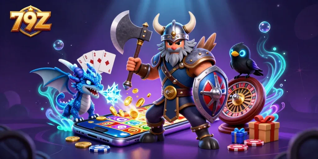 Experience thrilling adventures with 79Z as a Viking wolf warrior, fierce dragon, and raven reign supreme in a vibrant casino world.