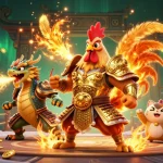 Engage in thrilling betting at 88VV with a fiery rooster warrior and dragon in an epic gaming scene.