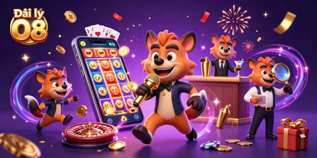 Engage with Đại lý O8 at a lively casino scene featuring animated hyenas enjoying games and entertainment.