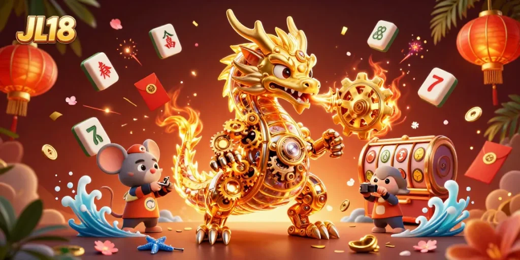 Engage with thrilling slot games at JL18 featuring a golden dragon and festive elements.