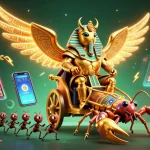 Experience thrilling gameplay with m98 in vibrant casino illustration featuring golden beetles and scorpions.