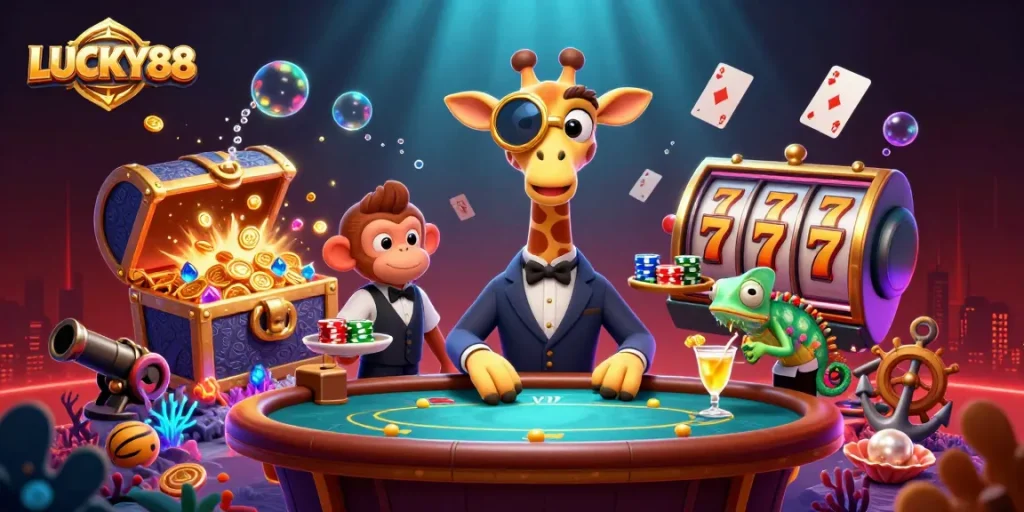 Experience the excitement of LUCKY88 with vibrant carousel spins and colorful characters in this engaging illustration.