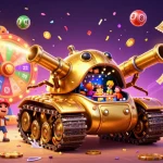 Experience mahjong with an exciting mini casino inside a golden beetle tank, animated confetti and vibrant prizes.