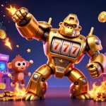 Engage with fabet's dynamic gambling world featuring a gold mech and vibrant gaming elements.