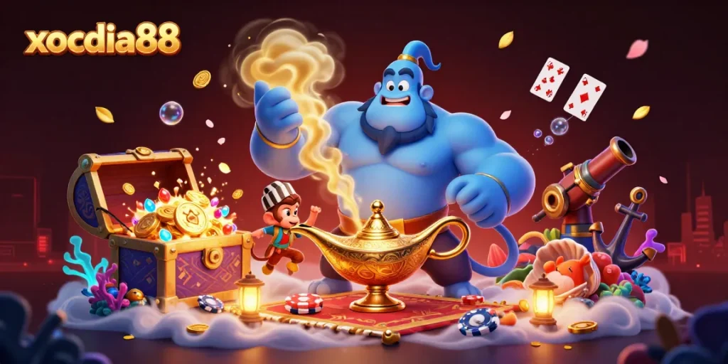 xocdia88 brings excitement with a genie, treasure, and poker chips in a vibrant casino scene.