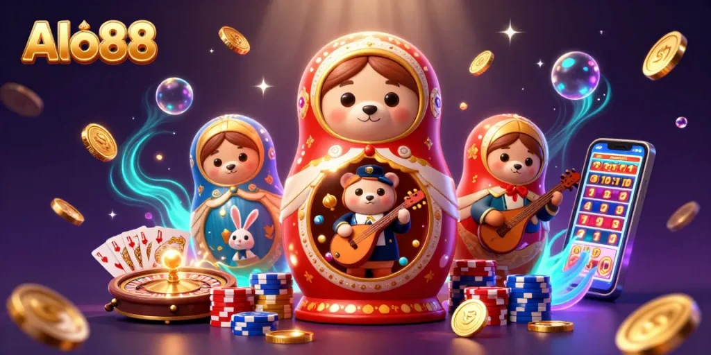 Alo88 showcases a whimsical 3D casino scene with Matryoshka bears and a rabbit, celebrating vibrant gaming action.