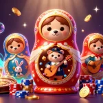 Alo88 showcases a whimsical 3D casino scene with Matryoshka bears and a rabbit, celebrating vibrant gaming action.
