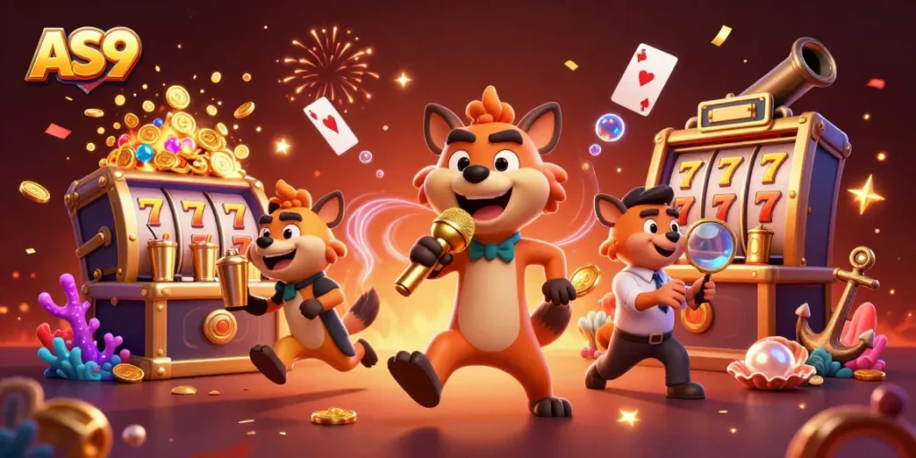 Experience the vibrant AS9 comedy casino with hyenas, slot reels, and bursting treasure chests!