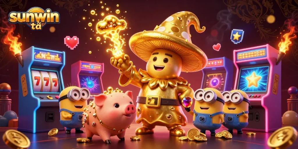 Experience sunwin tải with a vibrant illustration of a magical casino adventure featuring golden elements.