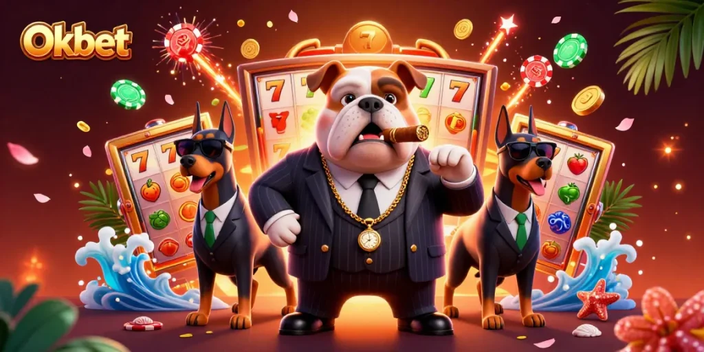 Engage in thrilling Oxbet casino experiences with a mafia boss and guard dogs amidst dynamic gaming symbols.