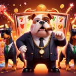 Engage in thrilling Oxbet casino experiences with a mafia boss and guard dogs amidst dynamic gaming symbols.