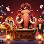 SUNWIN casino illustration featuring a woolly mammoth bouncer, saber-tooth tiger guest, and slot machine elements, emphasizing a vibrant gaming environment.