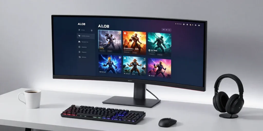 alo868 gaming platform interface showcased on an ultra-wide monitor in a modern developer workspace featuring advanced software development tools.