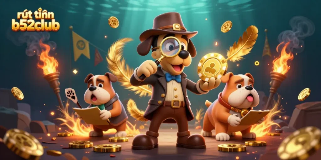 Engage in rút tiền b52club with a detective scene exploring winning poker clues among vibrant casino elements.