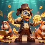 Engage in rút tiền b52club with a detective scene exploring winning poker clues among vibrant casino elements.