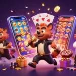 Experience gaming excitement with f168 - lively hyenas at a comedy casino club illustrating vibrant gambling elements.