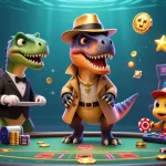 Experience the thrill of kjc gaming with a velociraptor card counter and stegosaurus pit boss in a vibrant casino scene.
