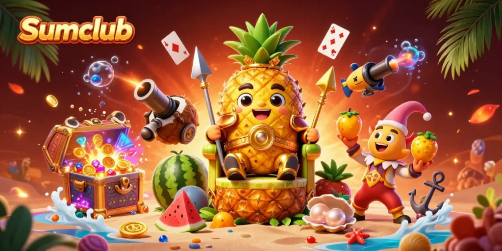 Experience thrilling gameplay at Sumclub with a vibrant 3D casino scene featuring unique characters and treasure.