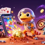 11WIN showcases a Martian gecko in a retro suit at a golden casino, thrilled with spinning slot games.
