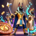 Engage in thrilling gameplay at Typhu88 with Anubis and Bastet amidst dazzling casino elements.