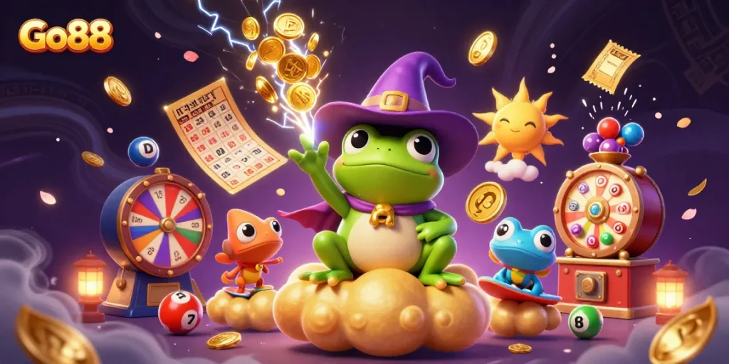 Join the thrill at Go88 with a storm of gold and vibrant lottery elements creating excitement.