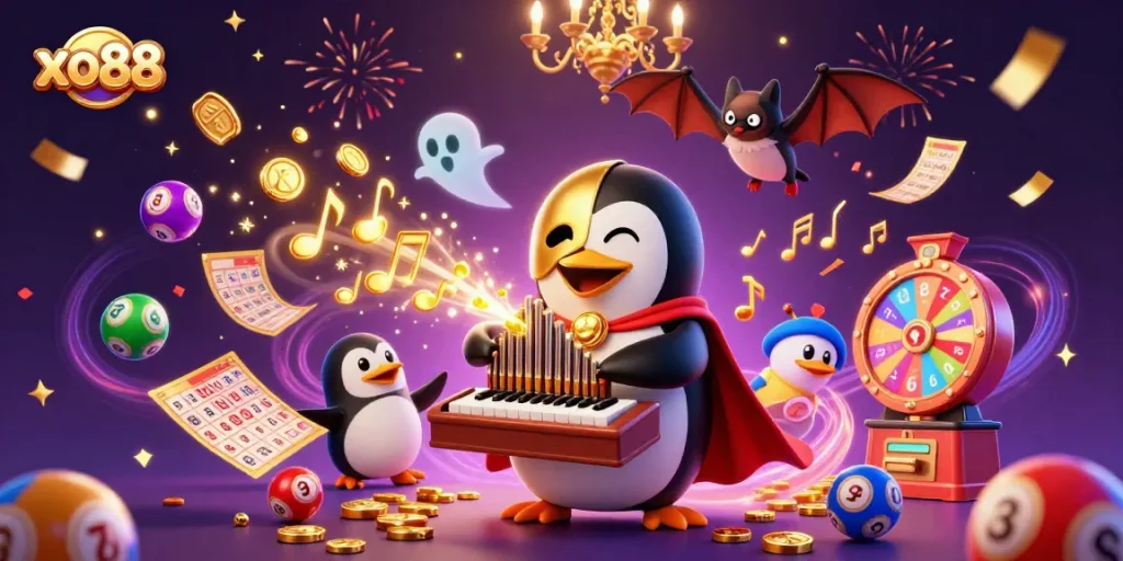 Experience xo88 magic as the phantom penguin plays the organ, showering golden coins in a lively casino scene.