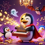 Experience xo88 magic as the phantom penguin plays the organ, showering golden coins in a lively casino scene.