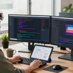 Software engineer using beta tools in a productive tech workspace.