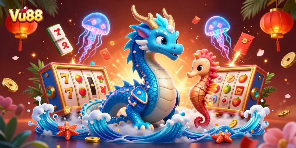Experience the thrilling excitement of Vu88 with vibrant casino visuals and enchanting characters.