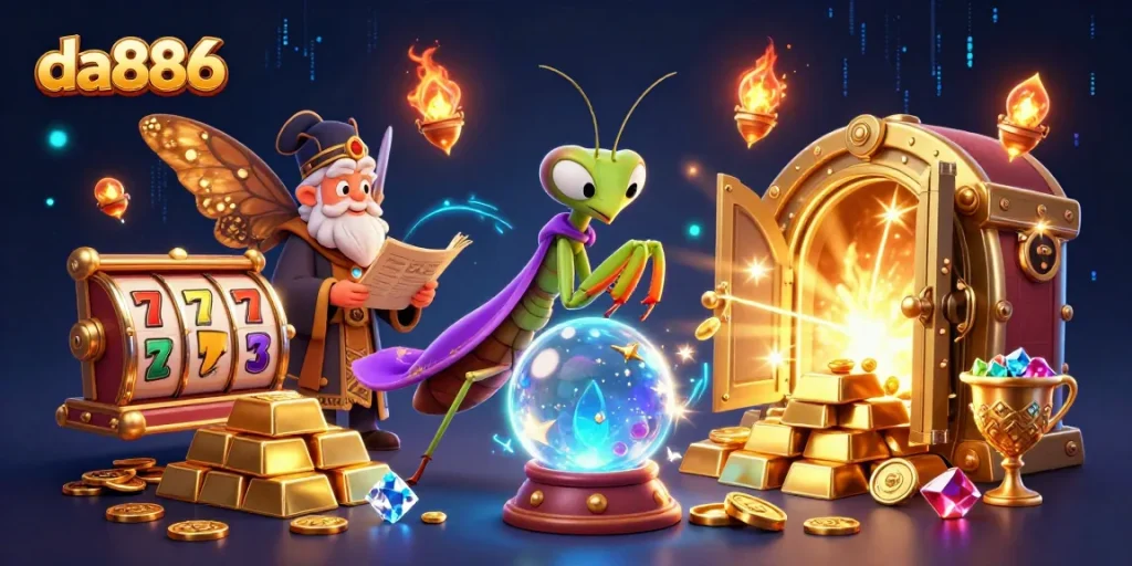 Win big at da886 casino with vibrant 3D illustration of fortune teller and slot machines