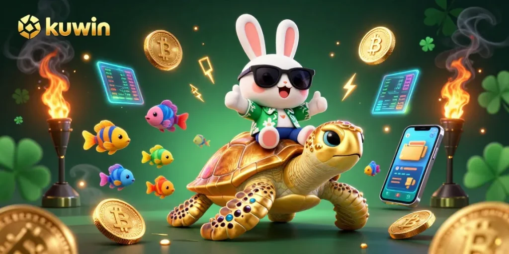 kuwin's vibrant casino world, featuring a lucky rabbit on a sea turtle surrounded by cryptocurrency elements.
