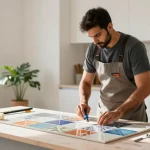 مقاول سيراميك باكستاني يقوم بتركيب بلاط سيراميك عالٍ الجودة في مطبخ حديث.