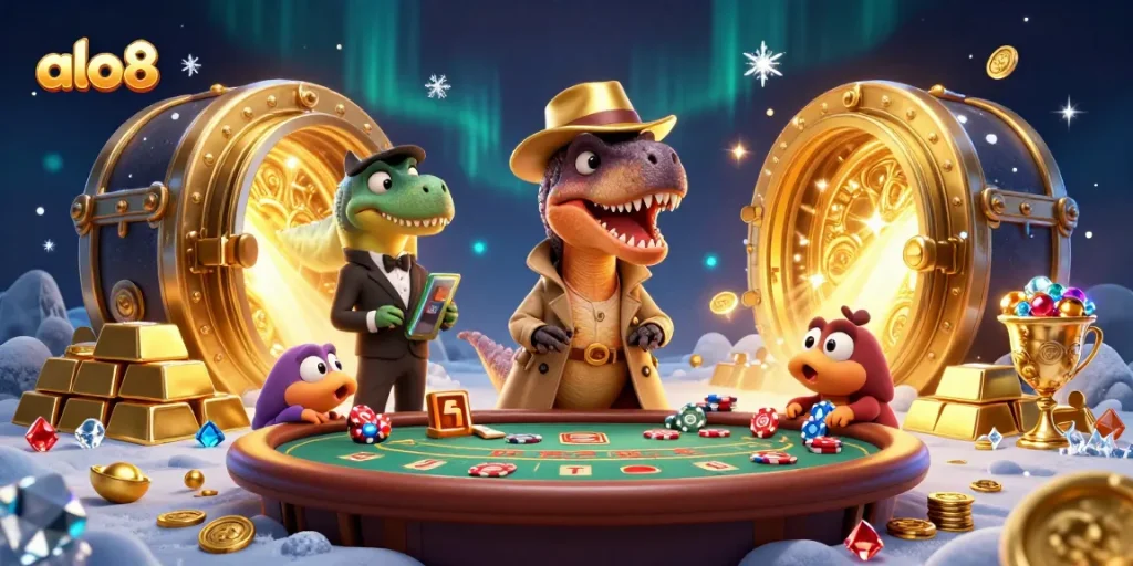 ALO8's velociraptor card counter strategizes at blackjack, while treasures burst forth in a captivating casino scene.