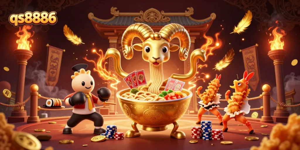 Experience thrilling games at qs8886 with a dynamic casino-themed illustration featuring vibrant characters and elements.