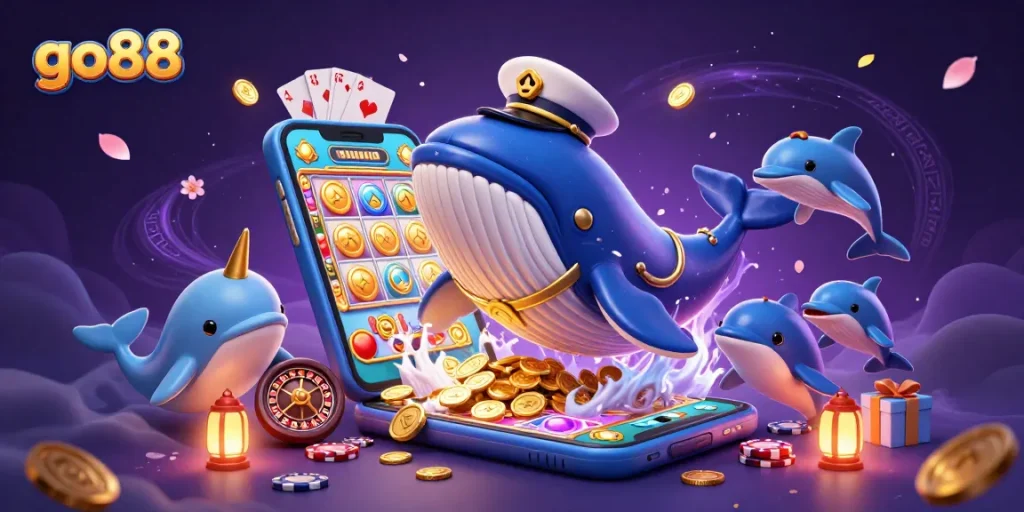 Experience thrilling wins at go88 with a whimsical 3D scene featuring a captain whale and colorful casino games.