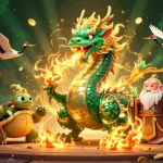 Wortel21 features a thrilling casino scene with a dragon and sage amidst gold coins and dynamic gambling elements.