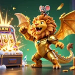 Experience jackpot thrills with slot777 featuring a roaring chimera atop evolving casino elements.
