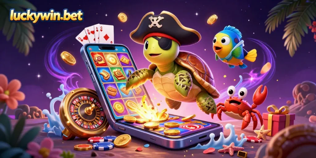 Experience exciting gameplay at luckywin-bet with thrilling slot games and vibrant casino elements in a rich illustration.
