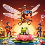 Sattamattka action scene showcasing a dynamic casino atmosphere with a dragonfly pilot, frog croupier, and vibrant game elements.