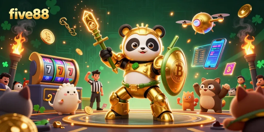 Experience the excitement of five88 with a vibrant 3D illustration featuring a golden panda in a mech suit amid slot games.