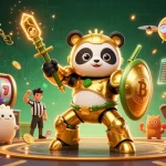 Experience the excitement of five88 with a vibrant 3D illustration featuring a golden panda in a mech suit amid slot games.