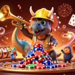 Vsbet features a triceratops building poker chips amidst a vibrant casino celebration.