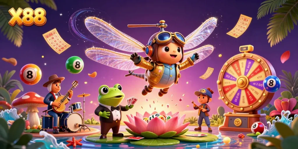 X88 interacts with frogs and cricket musicians, playing a lively casino experience with vibrant elements.