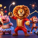 Experience exciting rtp live gaming action with vibrant 3D circus characters and dynamic casino elements.