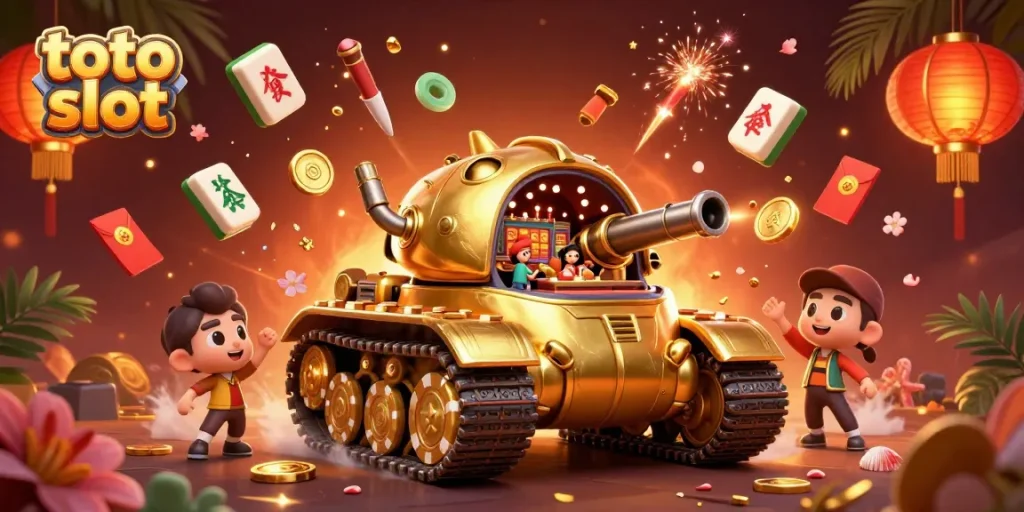 Win at Toto Slot with an ultra-detailed 3D casino illustration showcasing fun gaming dynamics.