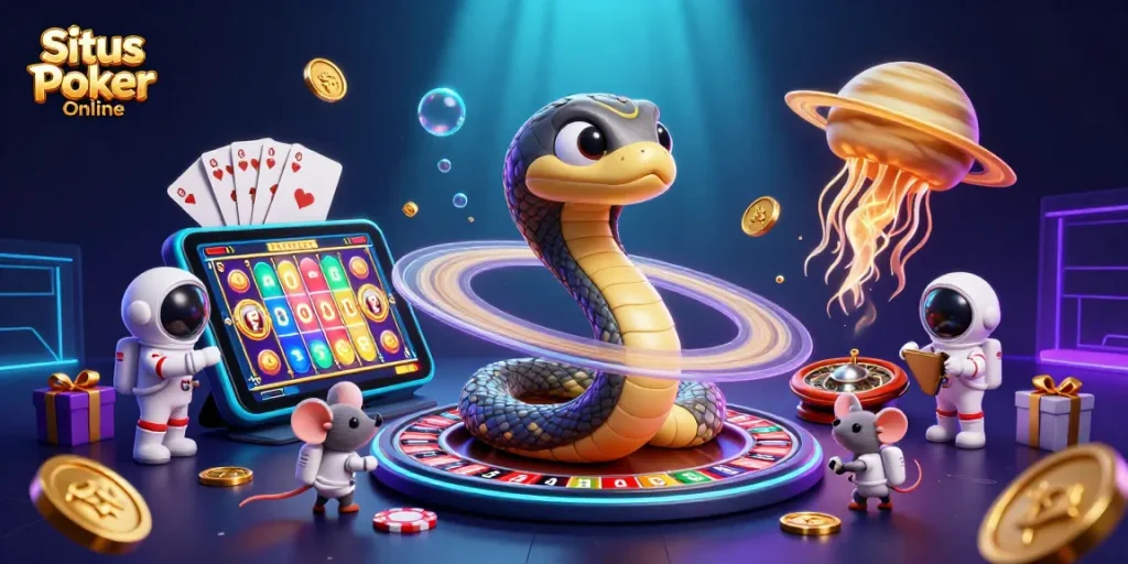 Situs Poker Online illustration showcasing a vibrant poker scene with animated elements and players engaged in gaming.